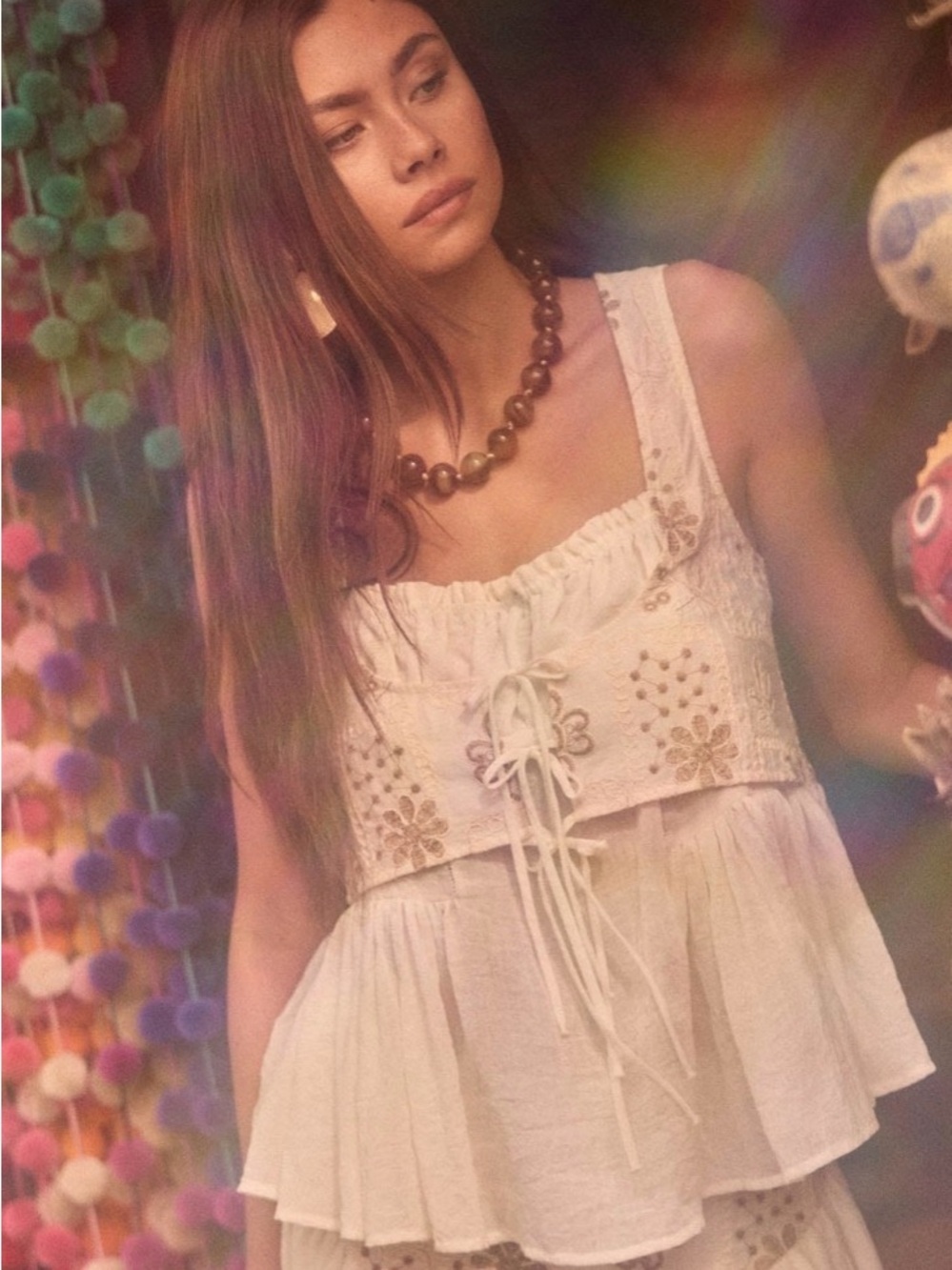 Promesa Cream Lace-Up Peplum Camisole